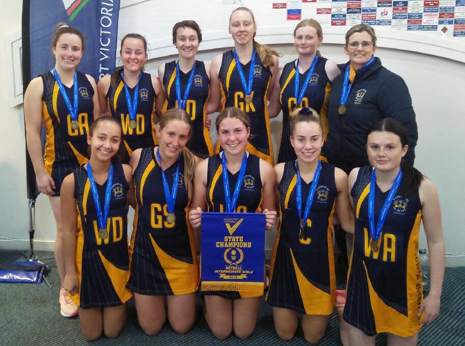 Catherine McAuley College's state championship-winning year 10 girls netball team. Back (from left): Abbey Clohesy, Ellie Donnellon, Deanna Duane, Piper Dunlop, Nikita Matthews, Kristine Rosaia (coach) Front: Tiahna Leader, Tahlee O' Keefe, Carissa Brook, Meg McCarthy and Olivia Erwin.
