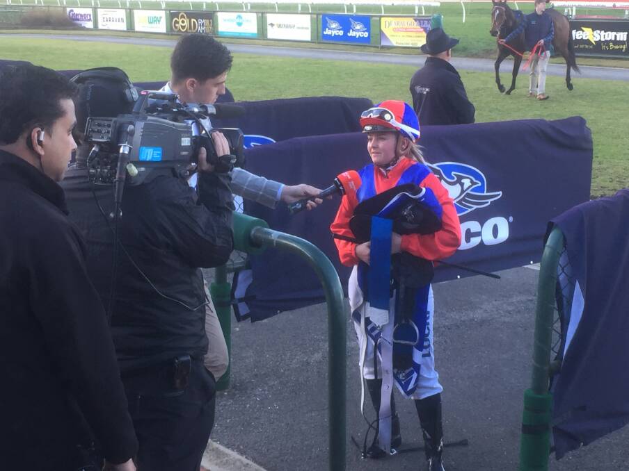 Jessie Philpot is interviewed after her win aboard the Mick Sell-trained Carlingford last Sunday at Bendigo Jockey Club.