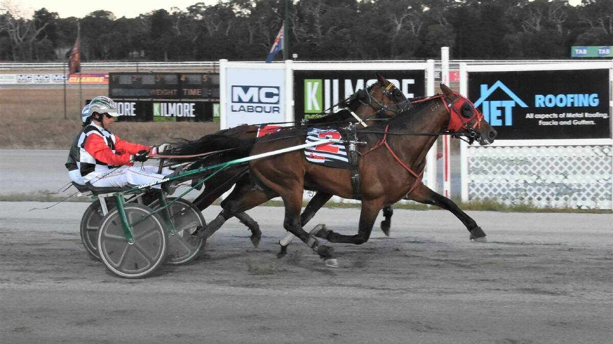 DOUBLE COMPLETE: Whos Countin, driven by Greg Sugars, keeps Mystic Chip at bay to win at Kilmore on Thursday night. Picture: CLAIRE WESTON PHOTOGRAPHY