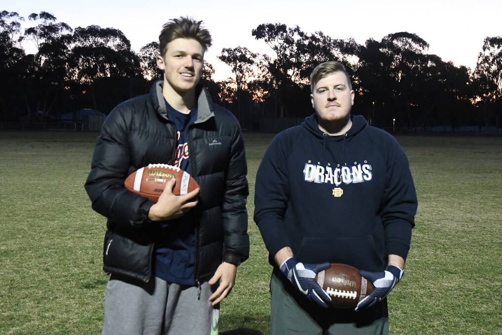 Jack Bouwmeester catches up with Bendigo Dragons coach Matthew Plathe at training at the Maiden Gully Recreation Reserve on Monday night. Picture: KIERAN ILES