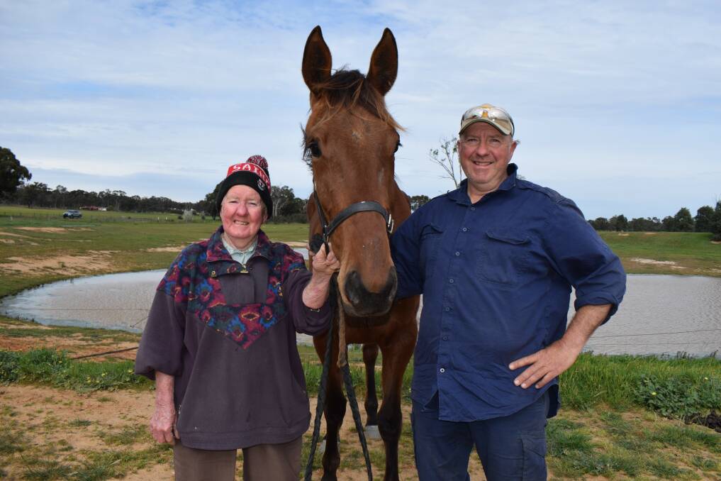 Trainer John McDermott and his mother Shirley with Waikare Colleen on the family's Longlea property. Picture KIERAN ILES