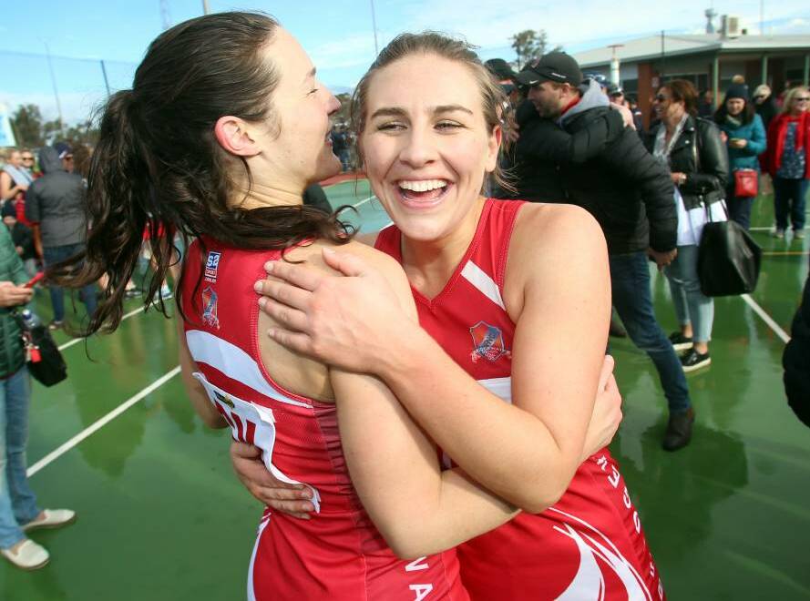Anita Dorrington (right), pictured after last season's grand final, was the standout for Bridgewater in round one. Picture: GLENN DANIELS