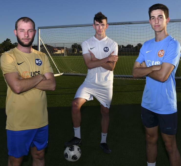 LEADING BY EXAMPLE: Bendigo City captain Aidan Lane is flanked by vice-captains Daniel Purdy and Will Keating. Picture: NONI HYETT