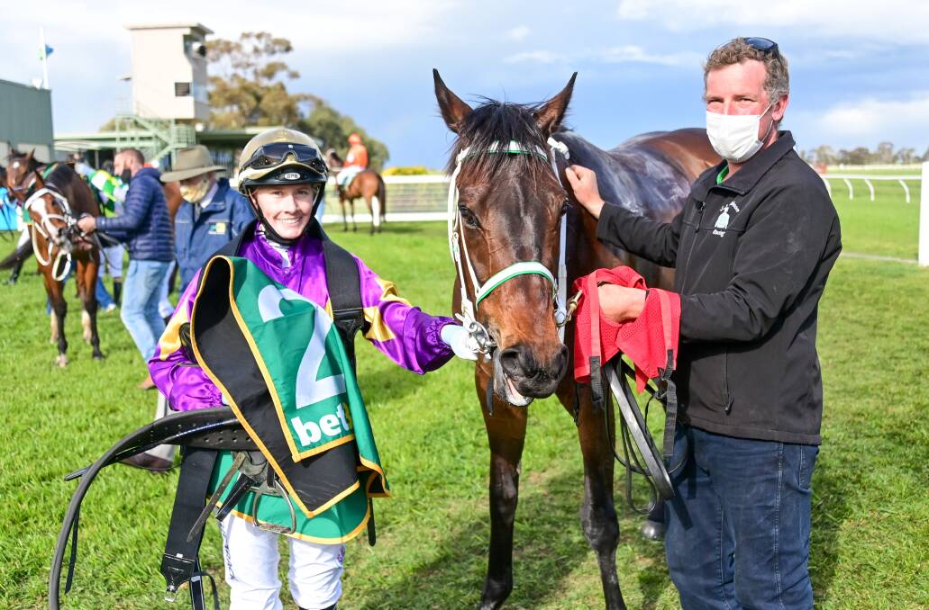 Mikaela Lawrence, Equine Philosopher and Jarrod Robinson after winning at Donald on Sunday. Picture: BRENDAN McCARTHY/RACING PHOTOS