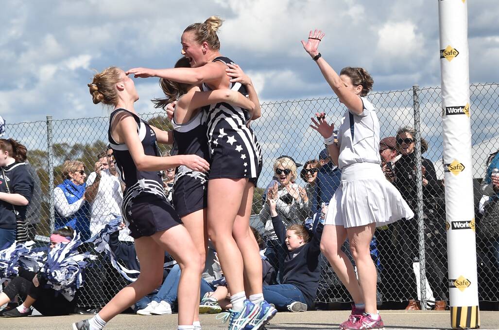 Charlton players celebrate their first North Central Netball Association premiership since 2009. Picture: NONI HYETT