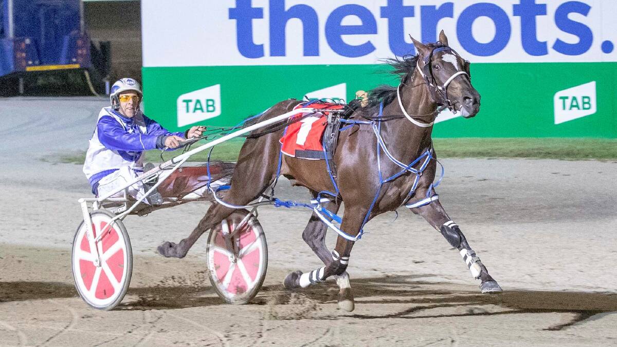 The Glenn Douglas-trained Ozzie Battler wins the Swift Signs Premiere Stakes at Tabcorp Park Melton on Saturday night. Picture: STUART McCORMICK