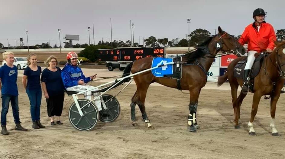 Michael Bellman sits aboard Blis Valley following the trotter's maiden victory at Geelong on Wednesday night. GEELONG HARNESS RACING CLUB FACEBOOK PAGE