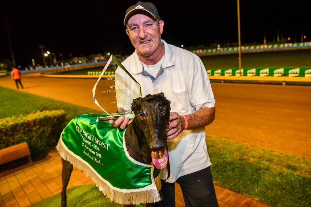 Kialla trainer Mick Carter with his Group 2 Bendigo Cup contender Music Event. Picture: GREYHOUND RACING VICTORIA