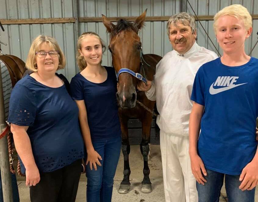 Susan, Lauren, Ian and Brent White with maiden winner Blis Valley at Geelong on Wednesday night. Picture: GEELONG HARNESS RACING CLUB FACEBOOK PAGE