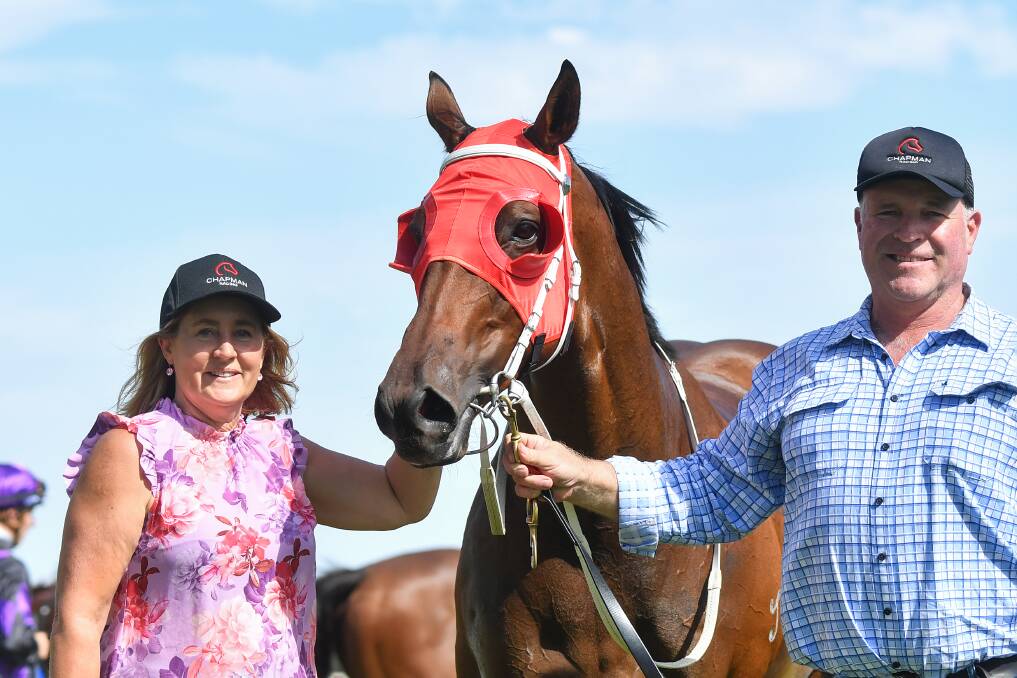 Trainer Danielle Chapman and husband Steve with Snappy Secret following their emotional win at Ballarat on Monday. Picture by Pat Scala/Racing Photos