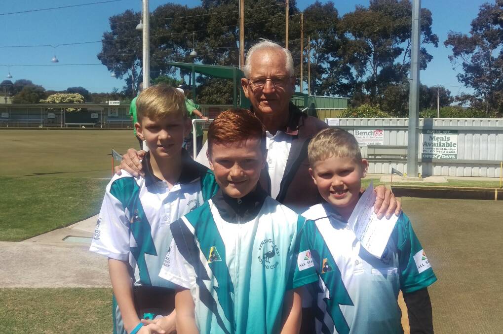 Brad Fuller, Baillee Randell and Bailey Berger with Maurie Houghton, who funded the first round of Bendigo East Bowling Club scholarships.