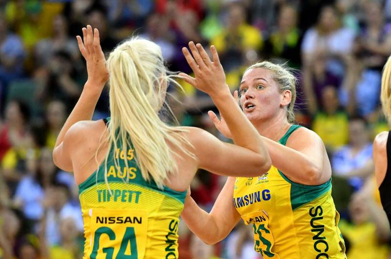 Caitlin Thwaites of the Diamonds celebrates with team mate Gretel Tippett after shooting a goal during the Constellation Cup match against the New Zealand Silver Ferns. Picture: DARREN ENGLAND/AAP IMAGE