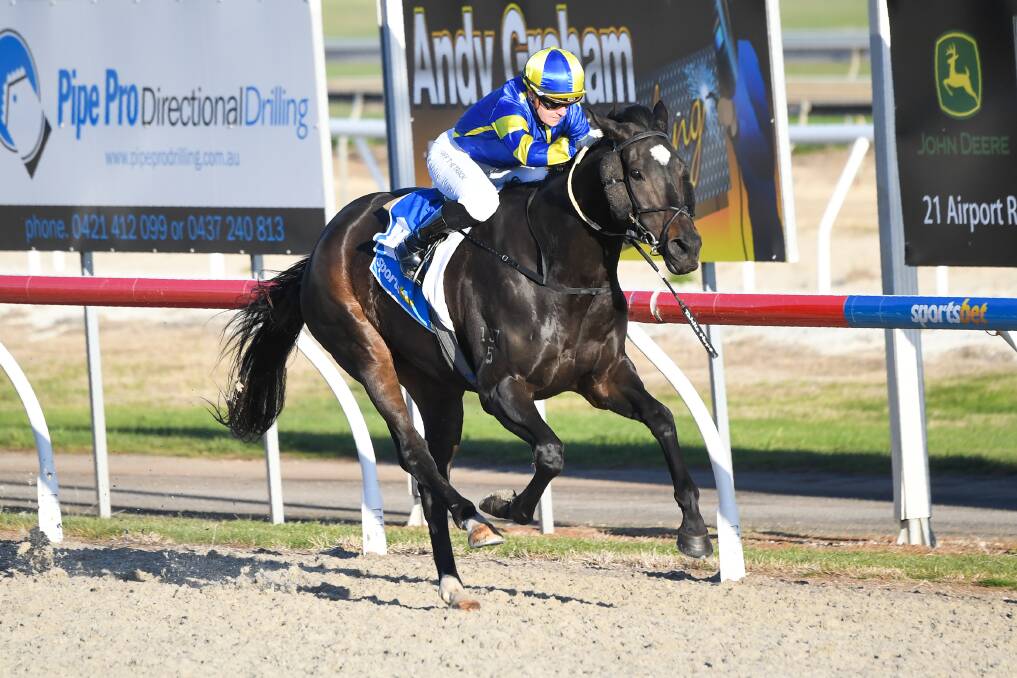 Just Wishing, ridden by Tahlia Hope, dashes to victory at Ballarat Synthetic on Monday, giving trainer Graham Donaldson two wins in two days. Picture: RACING PHOTOS