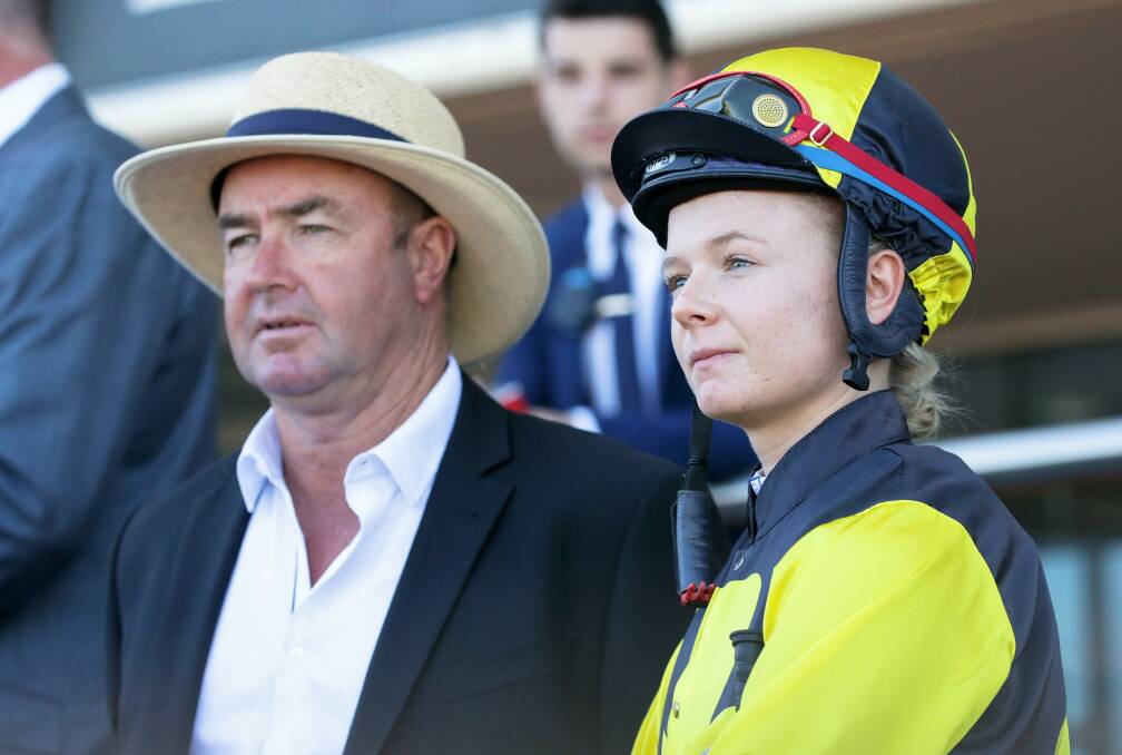 Father and daughter Justin and Lucy Warwick before Material Man's run in the Futurity Stakes at Caulfield last month. Lucy will again be in the saddle when the gelding shoots for glory in the inaugural All-Star Mile at Flemington on Saturday. Picture: GEORGE SALPIGTIDIS/ AAP IMAGE