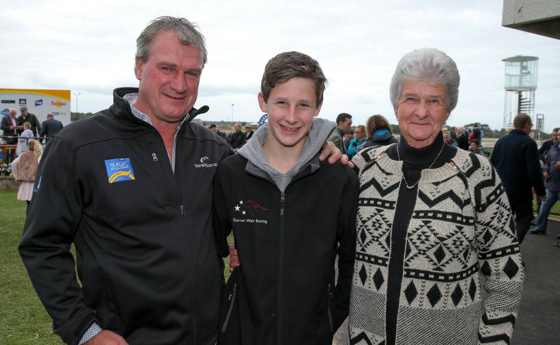 Trainer Darren Weir, whith his nephew Dayne Barry and mum Noelene Weir, at the Warrnambool Cup Carnival in 2017. Picture: ROB GUNSTONE/WARRNAMBOOL STANDARD