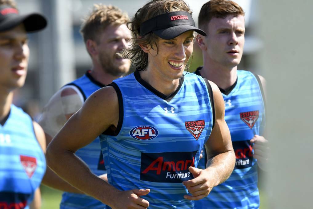 Kobe Mutch trains on the QEO with Essendon earlier this year. Picture: NONI HYETT