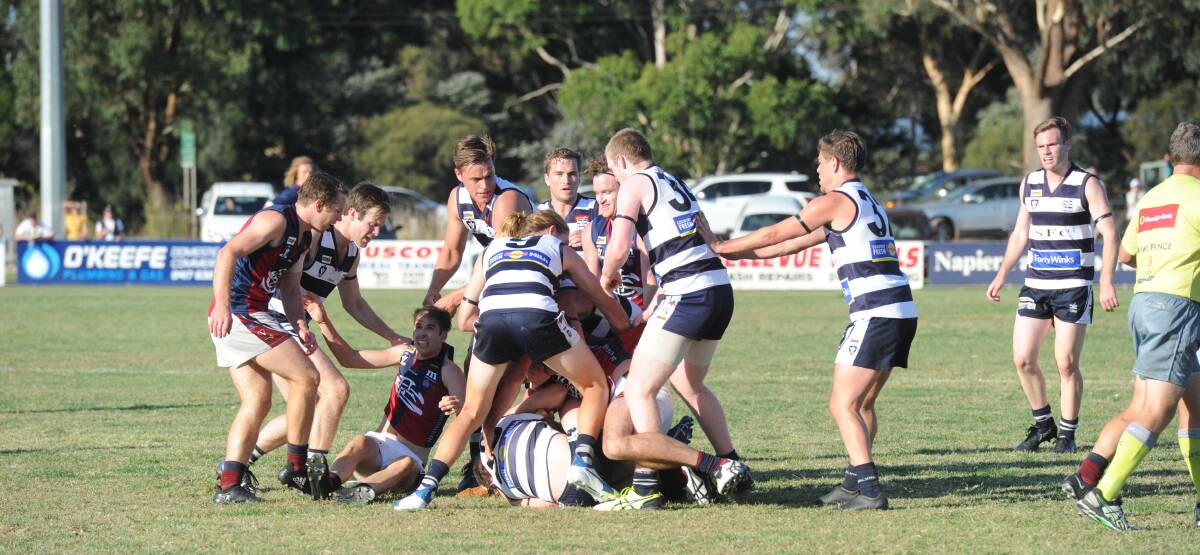 Tempers fray during Saturday's round one clash between Strathfieldsaye and Sandhurst at Triple M Park. Picture: ADAM BOURKE