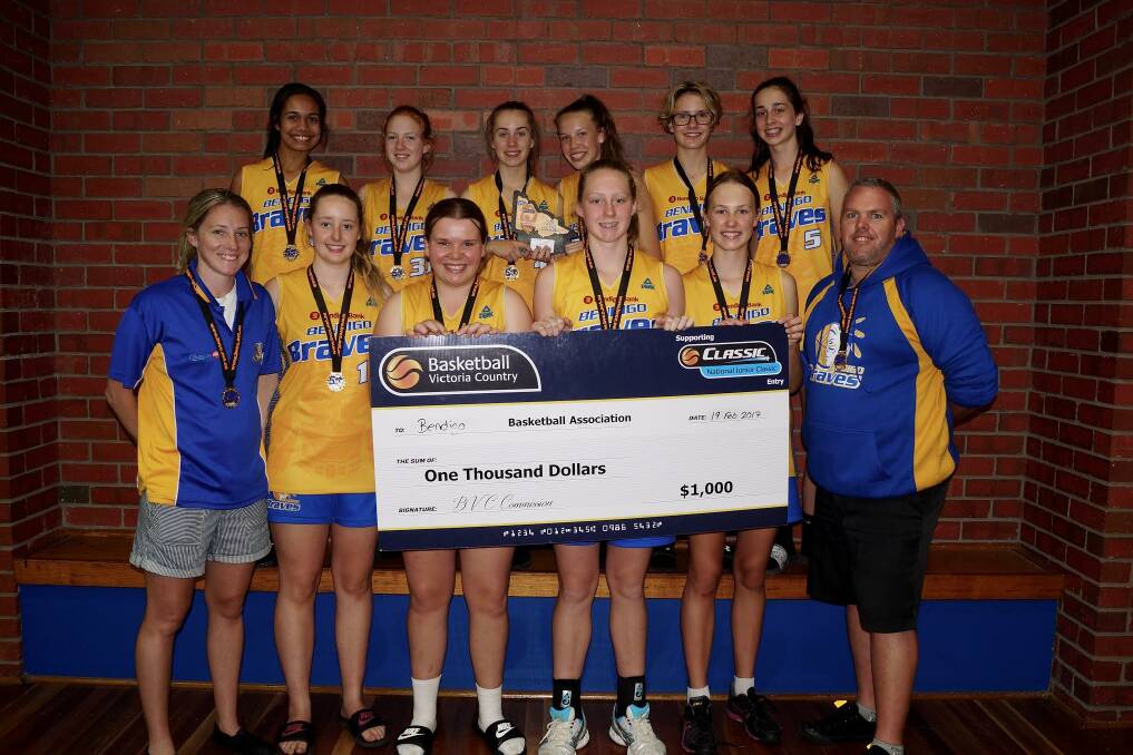 Olivia Noter (top left), Meg McCarthy (back row, third from left) and Piper Dunlop (fromnt row, fourth from left) have been chosen in the Victoria Country under-16 women's team top contest the national championships in Perth in July. The three girls were part of the Bendigo Braves under-16 girls state country championship winning team in February.