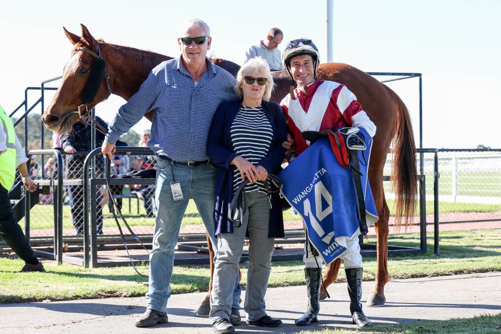Gunbower trainer Tony Williams, wife Sue and Bendigo jockey John Keating celebrate their 100-1 success at Wangaratta with the staying mare Shakhani. Picture: RACING PHOTOS