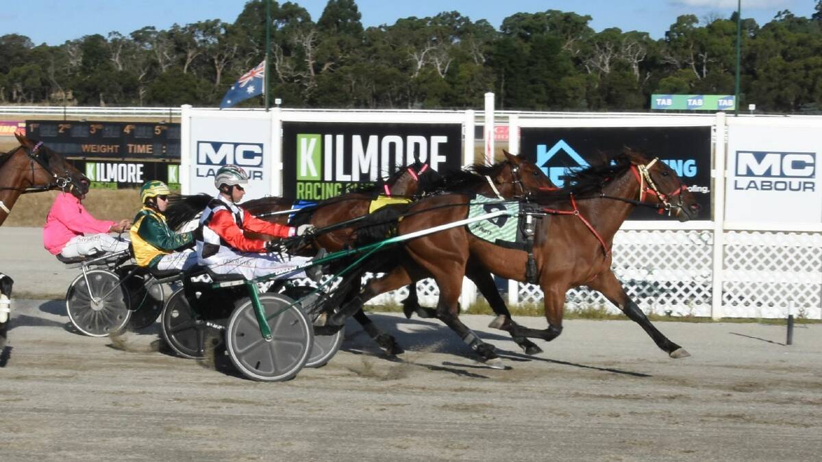 Ima Calvert Rose, driven by Greg Sugars, edges out Aunty Ethal to win the NT up to 47 trot at Kilmore on Thursday night. Picture: CLAIRE WESTON PHOTOGRAPHY