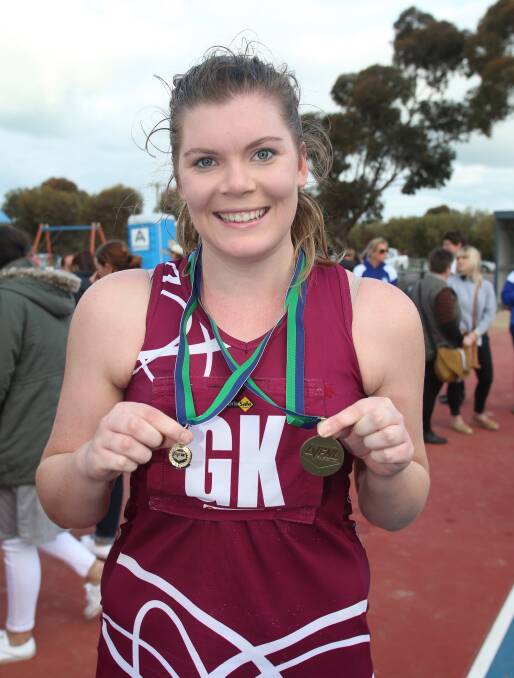 Newbridge goal keeper Amy Jackman with her premiership and best-on-court medallions. icture: GLENN DANIELS