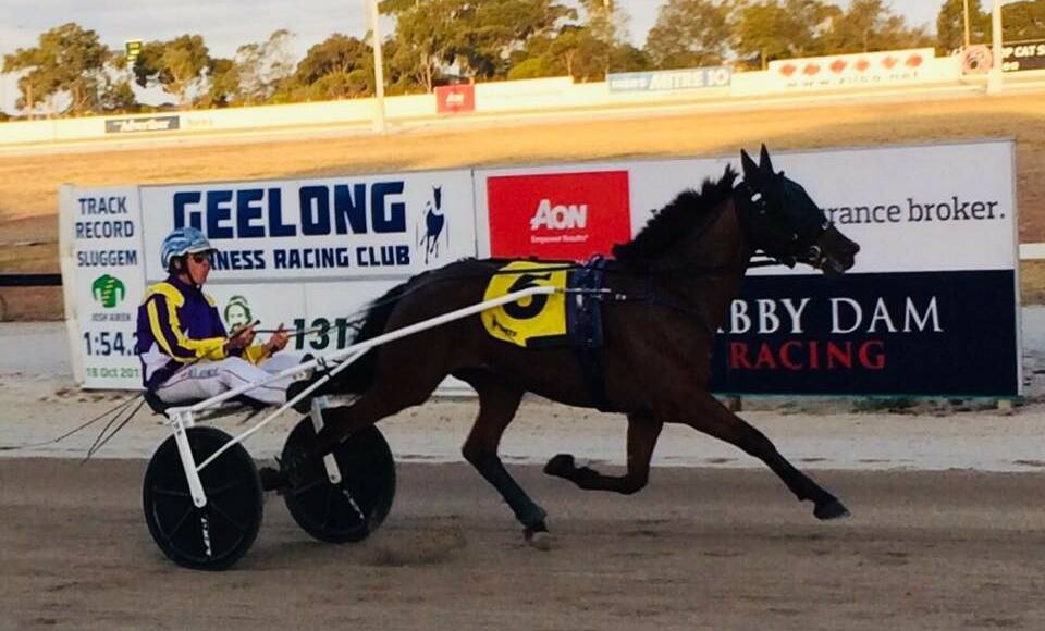 Alex Ashwood guides Well Defined to an emphatic win in the Yabby Dam Racing Trot (2100m) at Geelong on Tuesday night. Picture: GEELONG HARNESS RACING CLUB