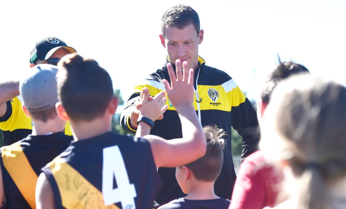 Richmond defender Dylan Grimes takes charge of  Sunday's come and try day at Weeroona Oval. Picture: DYLAN GRIMES
