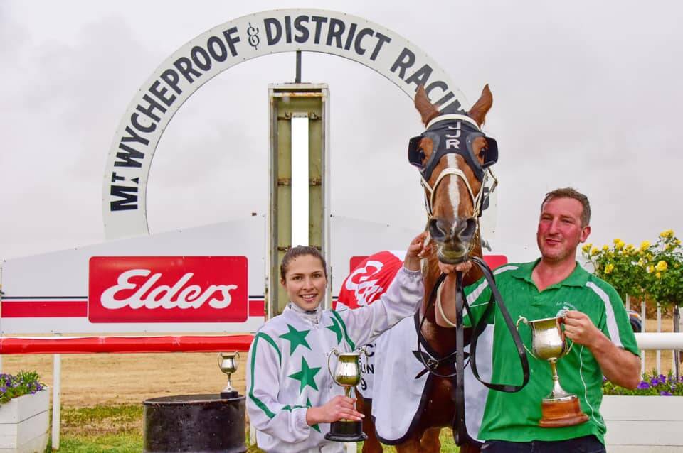 Jockey Juana Andreou and Bendigo trainer Jarrod Robinson with Only A Mother following success in the 2019 Wycheproof Cup.