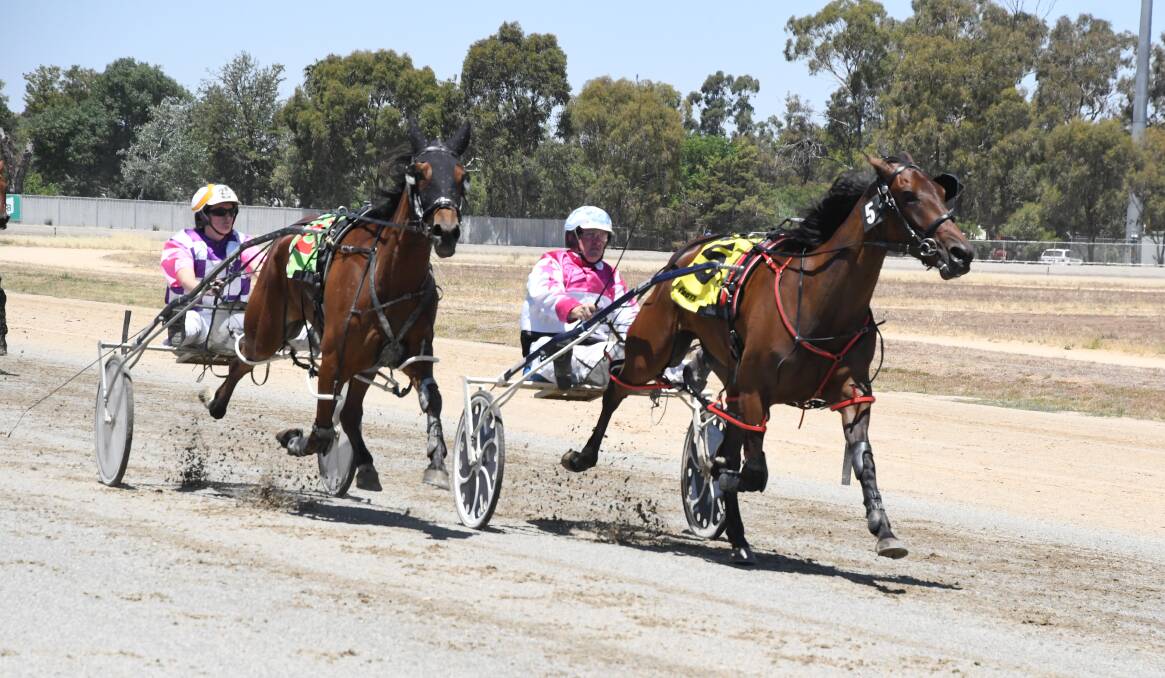 Glenn Douglas aboard Imnopumpkin holds out Ellen Tormey and Hanover Starzzz for a win at Elmore on Boxing Day. Picture: KIERAN ILES