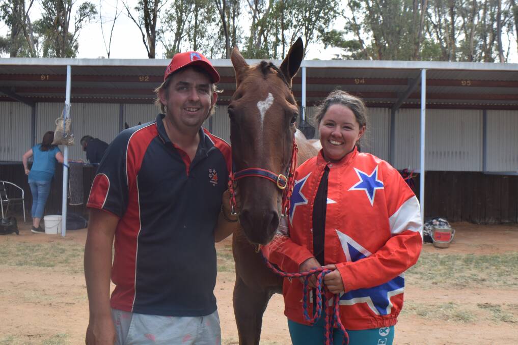 Michael Gadsden and Denbeigh Wade with their Australia Cup Final contender Doitson following his win at Boort in February. Picture: KIERAN ILES