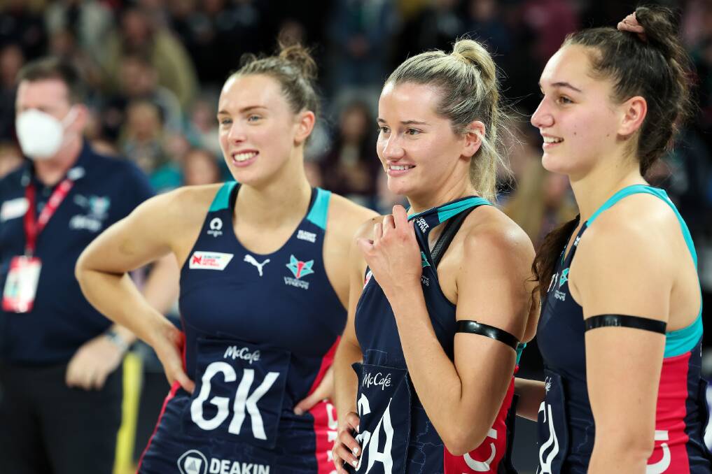 Bendigo Super Netball export Ruby Barkmeyer (centre) with her Vixens teammates Olivia Lewis and Rahni Samason during last year's season. Picture courtesy of Melbourne Vixens