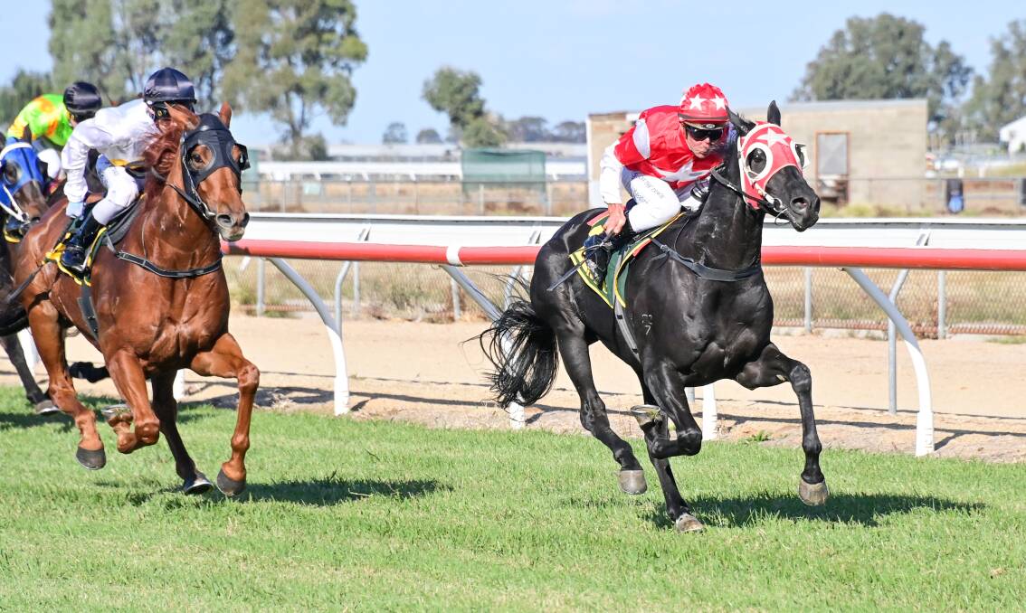 Couldbefamous, ridden by John Keating, wins a benchmark 52 handicap on Kerang Cup day. Picture: BRENDAN McCARTHY/RACING PHOTOS