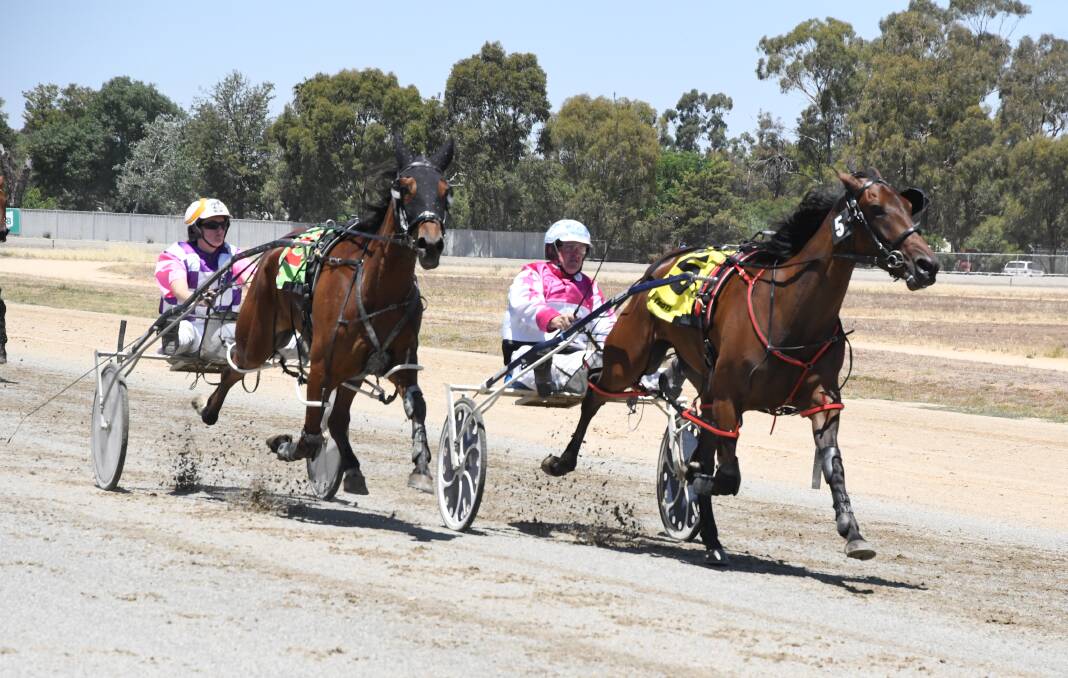 Imnopumpkin (inside) wins on Elmore Pacing Cup Day last Boxing Day. The three-year-old has since won three more races in seven starts. Picture: KIERAN ILES