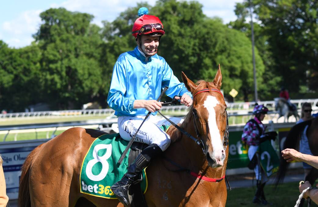 Logan McNeil returns to the mounting yard following his win on the Bob Challis-trained French Star at Kyneton on Monday. Picture: PAT SCALA/RACING PHOTOS