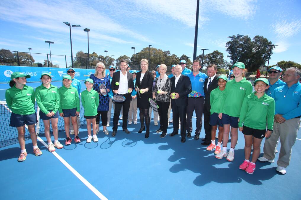 BIG MOMENT: Tennis and government officials gather for the official opening of the revitalised Bendigo Tennis Centre. Picture: GLENN DANIELS