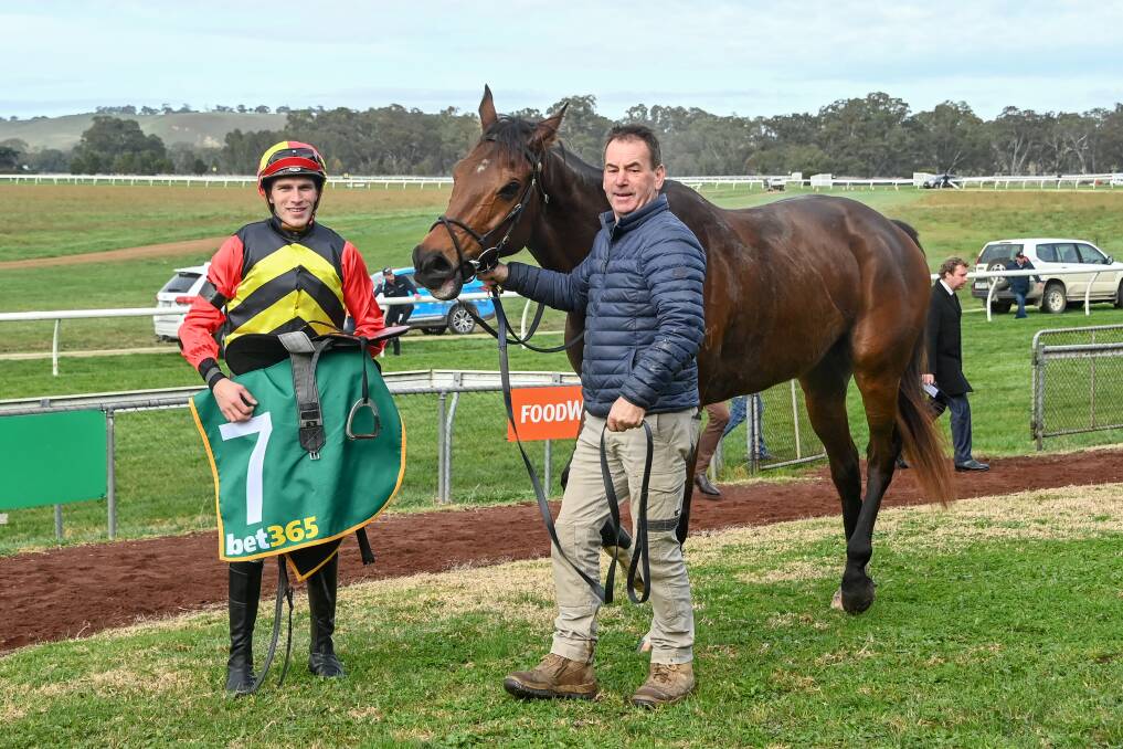 TRIUMPH: Jockey Dylan McDonagh and trainer Neil Dyer with Stanley following his win at Casterton. Picture: ALICE LAIDLAW/RACING PHOTOS