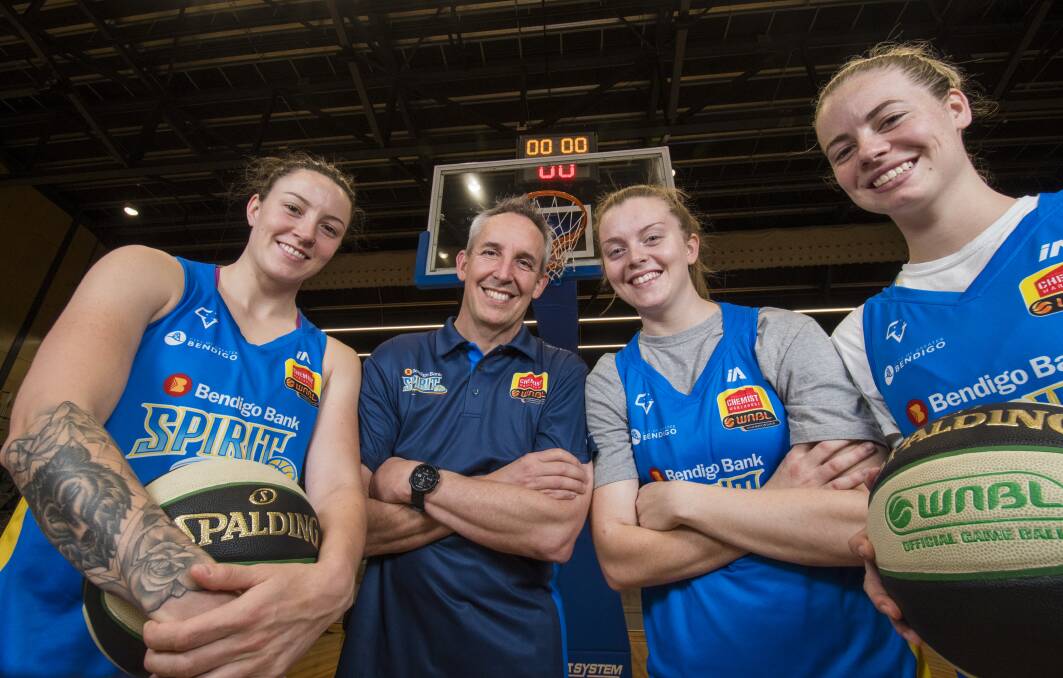 Simon Pritchard with Marena Whittle, Abbey Wehrung and Cassidy McLean. Picture: DARREN HOWE