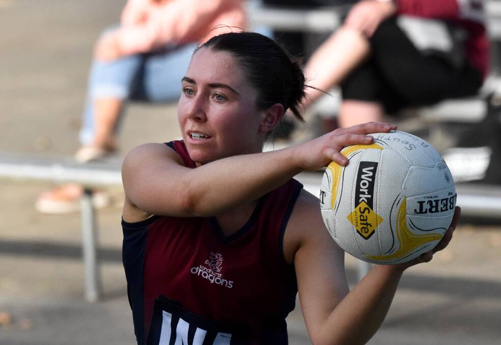 Sandhurst captain Meg Williams played a starring role in the Dragons' 16-goal win over Castlemiane at the QEO on Saturday. Picture: NONI HYETT