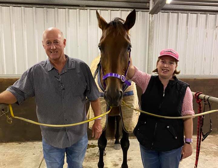 Trainer Greg Norman and stablehand Dixie Horig with 2021 Ararat Pacing Cup winner Zadaka.