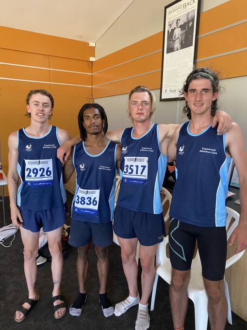 Eaglehawk's record-breaking under-20 4 x 100m relay team of Kye Mason, Kenan Seebah, Angus McKindlay and Cameron Smith. Picture: DAVID CHISHOLM