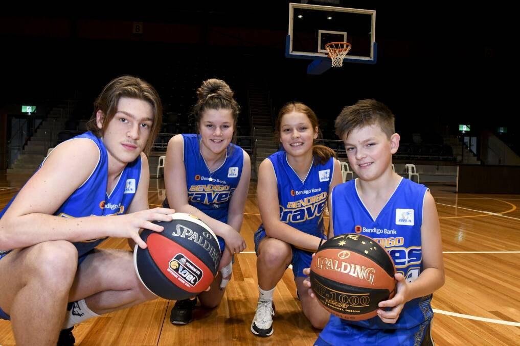 AIMING HIGH: Bryce Goudge, Amalia Crouch, Jacaila Dettmann and Pacey Manderson are ready for the Bendigo Basketball Junior Classic Picture: NONI HYETT