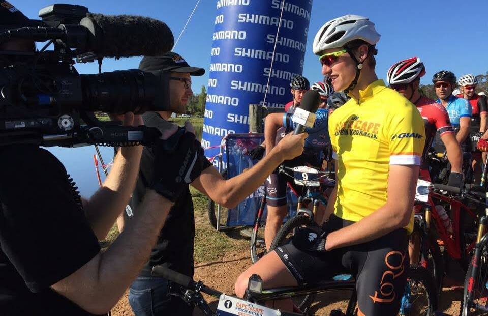 VICTORIOUS: Bendigo's Tasman Nankervis is interviewed after his win in the Cape to Cape mountain bike race in Western Australia. Picture: CONTRIBUTED