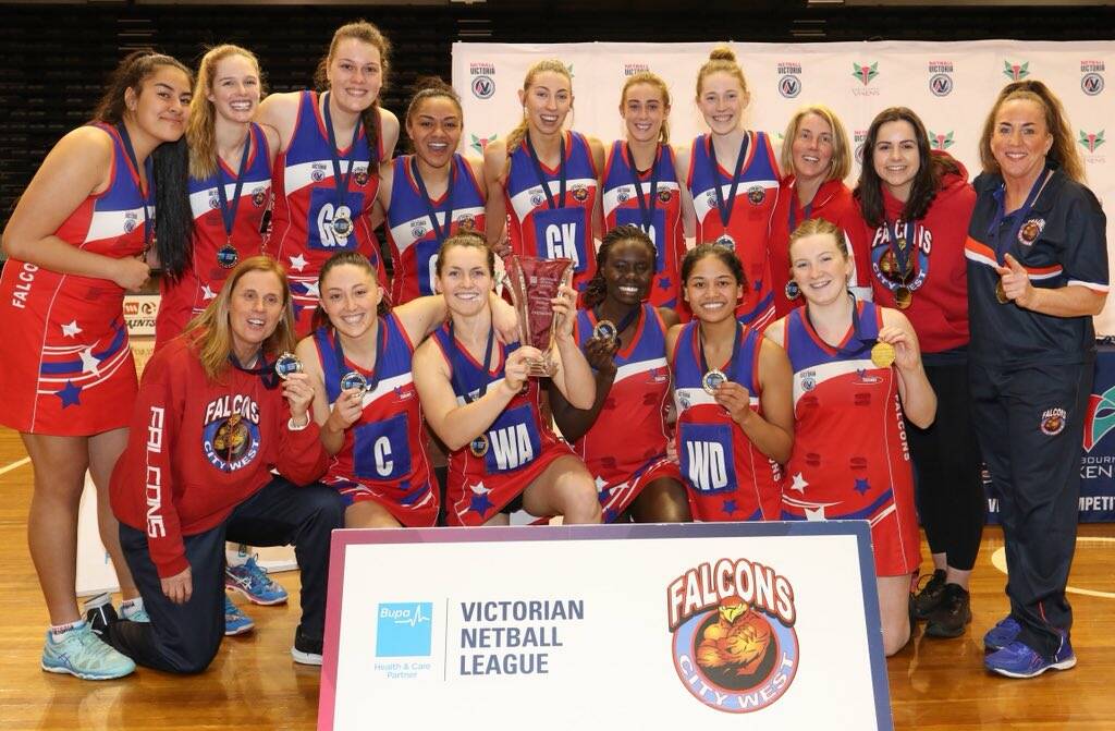City West Falcons VNL championship-winning team with Zoe Davies and Imogen Sexton (fifth and fourth from right in back row).