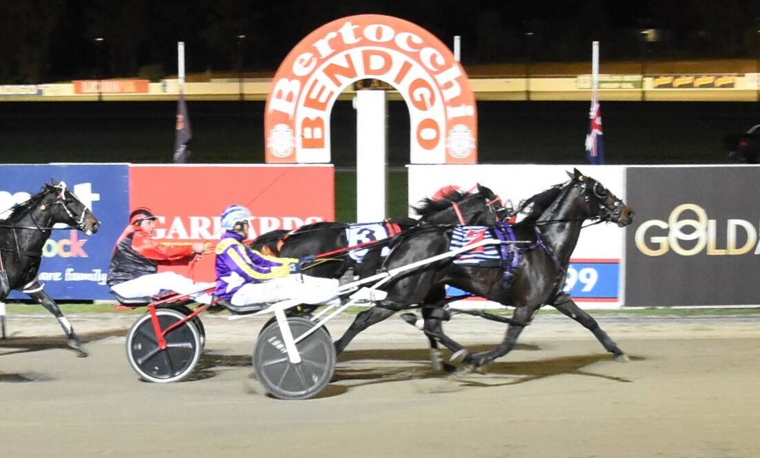 Wicked Azz, with Alex Ashwood in the sulky, beats home Lets Make Tracks (Mick Carbone) at Lord's Raceway on Monday night. Picture: CLAIRE WESTON PHOTOGRAPHY