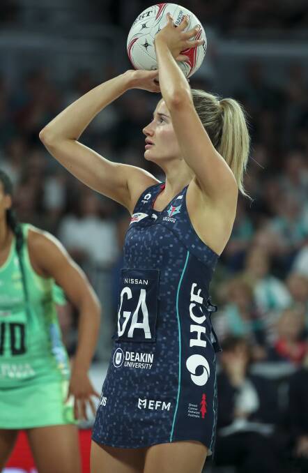 Ruby Barkmeyer shoots for goal during the 2021 Suncorp Super Netball season for Melbourne Vixens. Picture: GRANT TREEBY