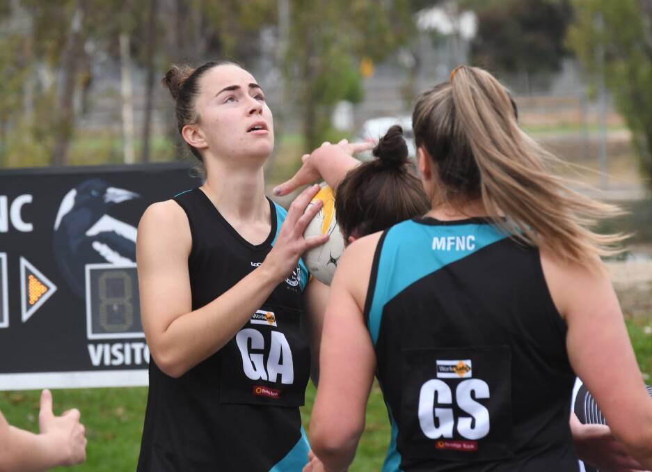 Keely Hare, pictured in action earlier this season against Castlemaine, celebrated her 100th game for the Magpies in a win over Golden Square last Saturday. Picture: ANTHONY PINDA