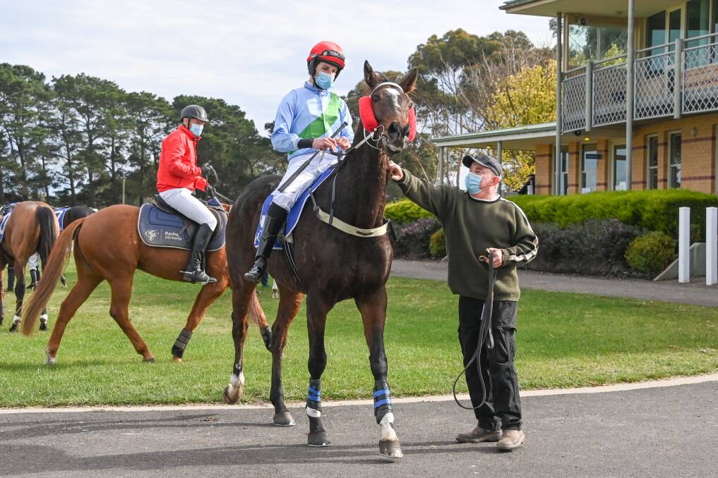 By Design, trained by Brett Charry and ridden by Braidon Small, returns to scale after winning at Hamilton. Picture: ALICE MILES/RACING PHOTOS