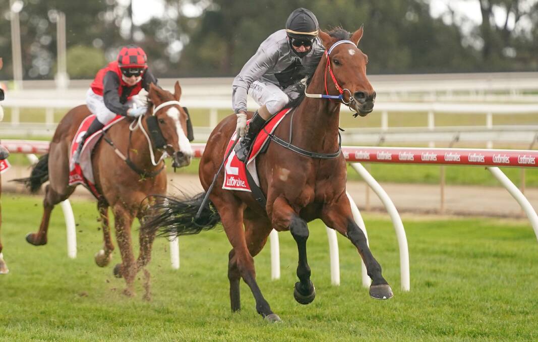 Thoughts'n'prayers, ridden by Craig Robertson, wins the Barbeques Galore Traralgon 0-58 Handicap at Moe on Saturday. Picture: SCOTT BARBOUR/RACING PHOTOS