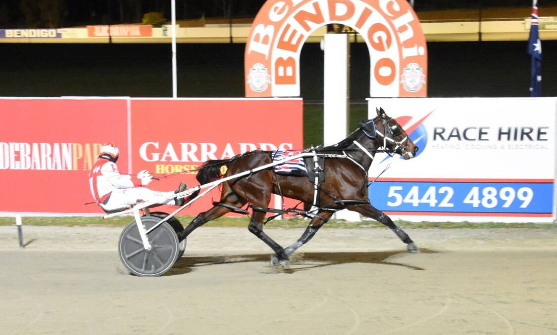 Boxofchocolates, driven by Chris Alford, posts the third of his four-straight wins at Bendigo on July 28. Picture: CLAIRE WESTON PHOTOGRAPHY