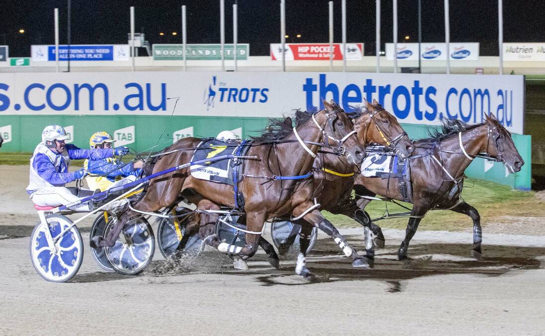 Major Roll, driven by Glenn Douglas, wins at Melton last Saturday night. The six-year-old gelding is one of two Charlton pacing Cup hopes for the Douglas stable. Picture: STUART McCORMICK